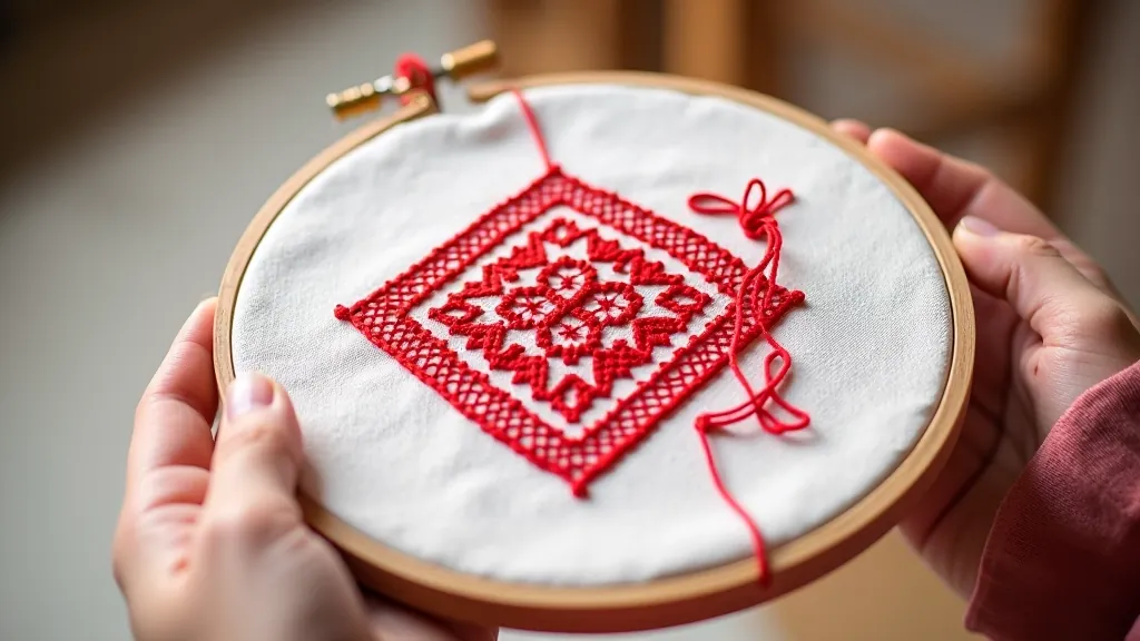 Embroidery hoop showing step-by-step progression of stitching a traditional Lithuanian diamond pattern with red thread on white linen