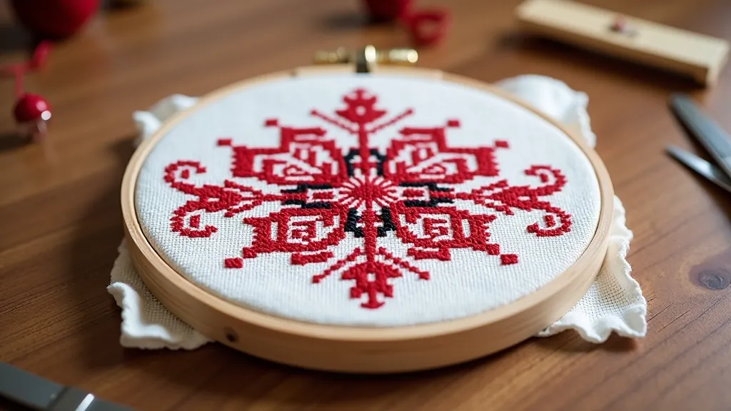 Embroidery hoop with partially completed Lithuanian folk pattern featuring cross-stitch work in red and black thread