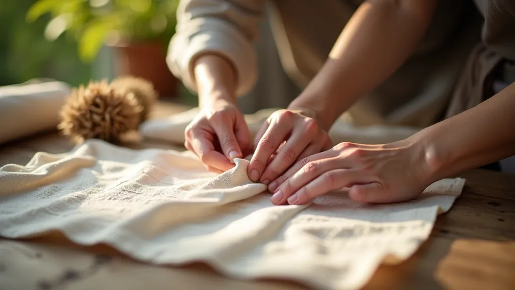 Artisan hands working with traditional Lithuanian textile, applying natural dye patterns using bundled plant stems and organic resist-dye techniques