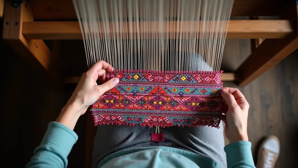 Overhead view of weaving loom in progress with multiple colored weft threads creating a geometric pattern, showing the shuttle and warp organization