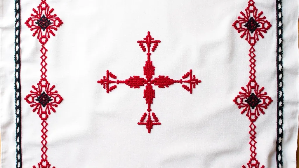 Traditional Lithuanian embroidered textile displaying symbolic blessing square pattern with central cross and corner diamonds in vibrant thread colors